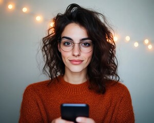 Aufkleber - Cozy Tech-Infused Workplace Young Professional Engaged with Wellness App in Modern Office Lounge Enhancing Employee Well-being through Digital Integration and Relaxing Atmosphere