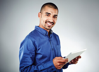 Poster - Happy, businessman or portrait with tablet for creative project or development on a white studio background. Male person, model or employee with smile on technology for online interaction, UI or UX