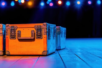 Aufkleber - Industrial Chic Stage Equipment Showcase Vintage-Look Wooden Cases on Polished Floor - Professional Production Insights and Stylish Event Planning Content