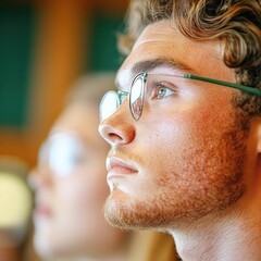 Leinwandbilder - Modern Collegiate Engagement Students with Glasses in Dynamic Lecture Hall - Academic Focus and Interactive Learning for Higher Education Marketing