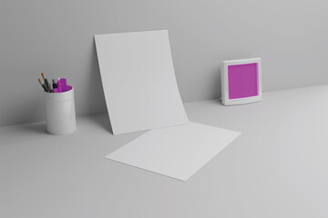 Poster - A4 white paper on table with photo frame background and stationery in its own place, for simple mockup