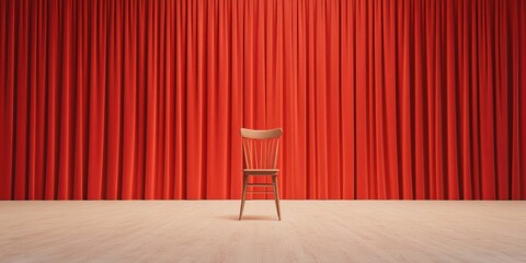 Poster - Minimalist Performance Aesthetic Wooden Stool and Red Velvet Curtain on Empty Stage - Venue Marketing and Cultural Event Anticipation