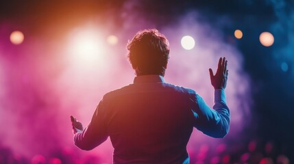 Poster - Contemporary Communication Mastery Speaker on Stage in Dynamic Lighting for Leadership Training - Corporate Development and Professional Public Speaking Skills Enhancement