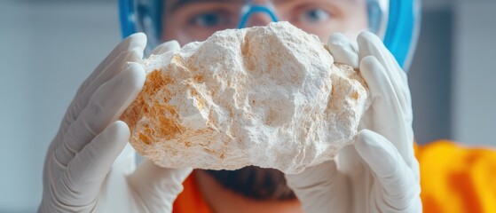 Poster - Tech-Infused Geology Young Scientist in High-Tech Gear Analyzing Textured Rock in Cave Laboratory Advanced Earth Science Research and Commercial Exploration Applications