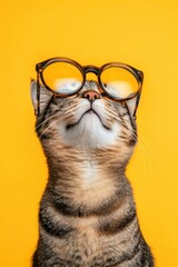 Poster - Whimsical Learning Cat Portrait Striped Feline in Retro Glasses against Bright Yellow - Humorous Imagery for Educational Branding and Creative Marketing Materials