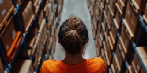 Fototapete - Efficient Visuals Warehouse Worker in Structured Distribution Space with Steel Shelving and Stacked Boxes Digital Logistics and Inventory Management Marketing