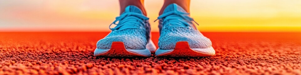 Poster - Dynamic Sport Aesthetic Vibrant Running Shoes on Textured Track for Athletic Gear Branding and Performance Motivation in Modern Fitness Marketing