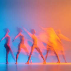 Aufkleber - Dynamic Motion Blur of Improv Troupe in Vibrant Stage Lighting - Capturing Spontaneous Creativity for Modern Entertainment Marketing and Audience Engagement Strategies