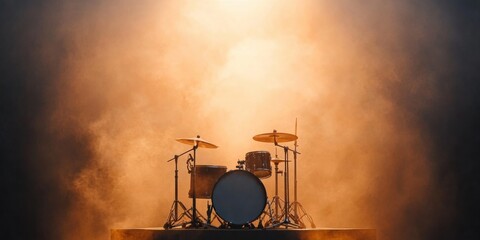 Poster - Ambient Stage Drum Kit Setup Atmospheric Smoke Effects and Minimalist Design - Enhancing Live Music Events with Modern Acoustic Performance and Aesthetic Appeal