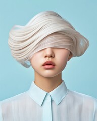 Aufkleber - Surreal Hime Haircut Portrait Geometric White and Aquamarine Texture in Modern Fashion - Artistry in Tech-Driven Marketing and Visual Branding