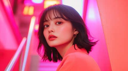Poster - Cyber-Chic Fashion Portrait in Tokyo Vibrant Neon Hime Haircut Defining Urban J-Street Style for Contemporary Design and Marketing Innovation