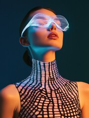 Aufkleber - Futuristic Fashion Editorial Smart Fabric Dress and LED Visor on Female Model - Digital Matrix Aesthetic for Tech-Infused Style and Innovative Marketing Campaigns