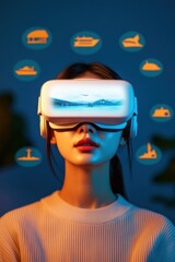 Leinwandbilder - Next-Gen VR Experience Futuristic Holographic Interface for VR Tourism Featuring East Asian Woman in Neon-lit Setting - Immersive Travel Solutions and Tech Innovation