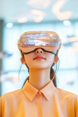 Aufkleber - Futuristic VR Tourism Experience Slim East Asian Woman with Next-Gen Holographic Headset in Neon-Lit Modern Interior - Immersive Travel Solutions and Cutting-Edge Digital Interaction