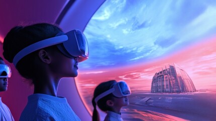 Aufkleber - Immersive Family Experience High-Tech Interactive Room with Curved Virtual Display for Edutainment and Digital Exploration