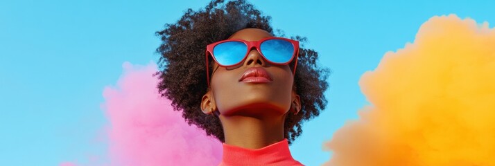Poster - Vibrant Afrocentric Fashion Editorial Bold Colors and Textures in Retro Sunglasses Against Cloud Backdrop - Modern Aesthetic for Lifestyle Branding and Visual Storytelling