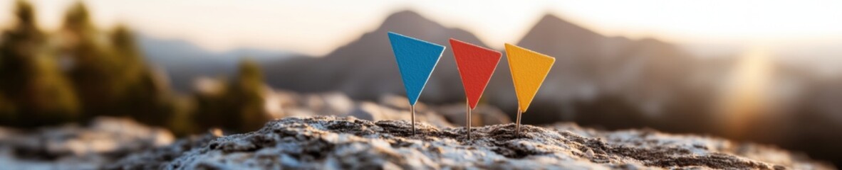 Poster - Vibrant Flag Pins on Mountain Terrain Textured Navigation Markers for Modern Travel Planning and Outdoor Adventure Content in the Tourism Industry