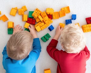 Poster - Scandinavian Playtime Creativity Kids Engaged with Colorful Building Blocks on Cozy Carpet Child Development Tools for Educational Growth and Home Learning Environments