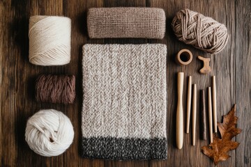 Poster - Eco-Chic Crafting Cozy Knitting Kit with Soft Wool and Wooden Needles on Rustic Table - Modern DIY Inspiration for Sustainable Fashion and Artisanal Brand Content