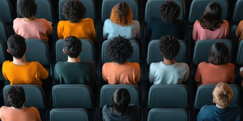 Aufkleber - Vibrant Academic Engagement Diverse Students in Modern Lecture Hall with Textured Notebooks and Backpacks - Inspiring Inclusive Education Design and Digital Learning Strategies