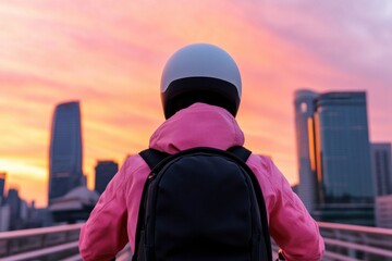 Aufkleber - Futuristic Urban Commute Young Professional on E-Scooter with Minimalist Backpack against Seouls Sunrise Skyline Smart Mobility and Eco-Friendly Transport Visualization