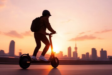 Aufkleber - Korean Urban Commuter on E-Scooter Sleek Morning Ride Across Seouls Modern Skyline - Smart City Mobility and Eco-Friendly Transit Solutions