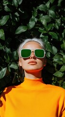 Aufkleber - Vibrant Modern Tech Style Reflective Sunglasses and Bold Orange Fashion in Lush Garden - Dynamic Outdoor Content for Digital Connectivity and Lifestyle Branding