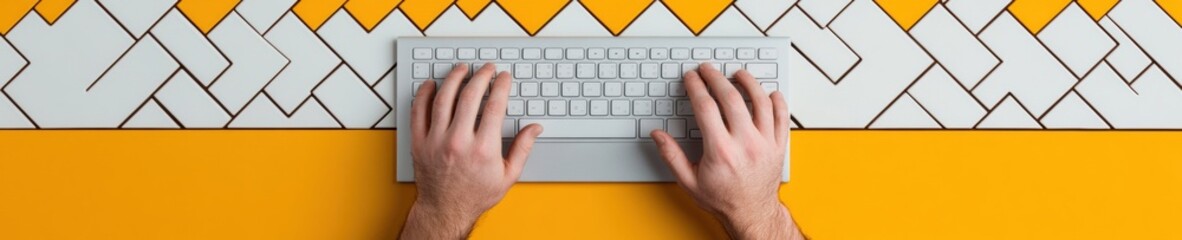 Fototapete - Geometric Workspace Design Hands Typing on Sleek Keyboard with Modern Patterns - Professional E-Learning Content and Innovative Remote Work Solutions for Digital Efficiency