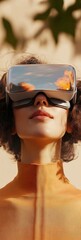 Aufkleber - Augmented Reality Journey Young Woman in Sleek Orange Garment with Futuristic Smart Headset - Digital Transformation in Smart Home Spaces for Enhanced User Engagement