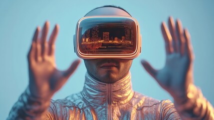 Poster - Cutting-Edge Tech Experience Athletic East Asian Man in Metallic VR Suit Navigates Futuristic Holographic Travel Interface - Virtual Tourism for Digital Nomads