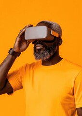 Aufkleber - Contemporary Virtual Wellness African American Male in Orange Minimalist Setting Using VR Headset and Smart Watch for Immersive Fitness and Travel Experience