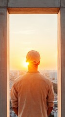Poster - Urban Construction Sunset Male Worker Overlooking Cityscape Through Concrete Framework - Industrial Perspectives and Modern Architecture Imagery for Urban Development