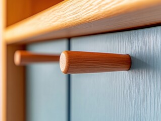 Poster - Minimalist Wooden and Blue Wardrobe Design Contemporary Closet Organizer with Natural Wood Accents for Efficient Home Storage - Modern Lifestyle and Home Improvement