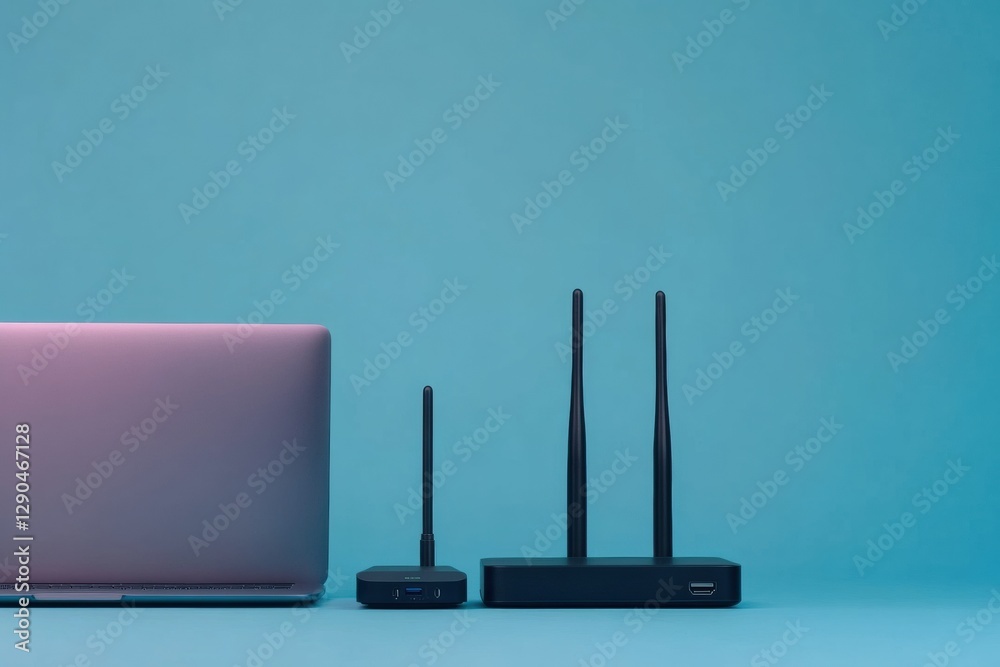 Aesthetic Router Photo Minimalist Tech Arrangement Matte Laptop, USB Drive and Router on Navy ...