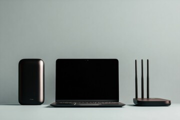 Poster - Minimalist Tech Display Black and Silver Gadget Array on Matte Navy - Elevate Modern Office Aesthetics and Streamline Tech Integration in Innovative Business Spaces