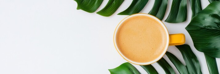 Poster - Contemporary Zen Workspace Latte on Minimalist Leafy Surface - Mindful Productivity Visuals and Eco-Friendly Office Design for Modern Professionals