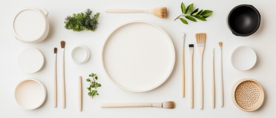 Fototapete - Minimalist Art Studio Setup Bamboo Brushes and Ceramic Palettes on White - Creative Content and Sustainable Design for Modern Artistic Spaces