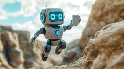 Poster - Artificial intelligence businessman character robot jumping chasm rock, office company algorithm win cup flat vector illustration.