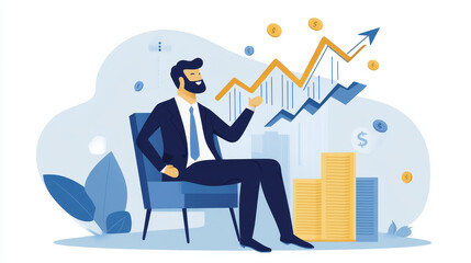 Poster - Business chart vector illustration with businessman holding graph arrow sitting on chair. Business man runs with financial diagram on placard. Success, growth and achievement concept. Flat style.