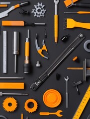 Fototapete - Industrial Chic Workstation Vibrant Orange and Steel Precision Tools on Matte Black - Advanced Engineering Training and Creative Workspace Organization