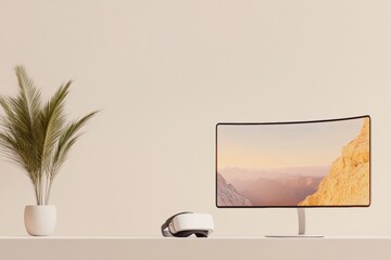 Aufkleber - Minimalist Tech Workspace Curved Monitor and VR Headset on Sleek Surface - Integrated Solutions for Travel, Digital Innovation, and Modern Workspace Aesthetics