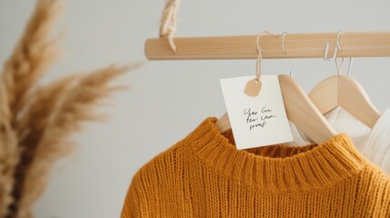 Fototapete - Chic Rustic Fashion Display Handcrafted Knitwear and Organic Linen on Wooden Hanger - Sustainable Retail Design and Eco-Friendly Shopping Aesthetics