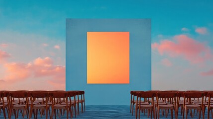 Poster - Mid-century Seminar Room Vibrant Multimedia Canvas with Modern Chair Arrangement and Sky Hues - Inspiring Professional Development and Creative Workshop Ambiance