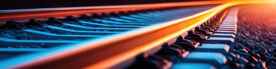 Fototapete - Futuristic Railway Design Vibrant Steel Tracks in Sunset Glow - Dynamic Infrastructure Visualization for Modern Transportation Connectivity and Smart Urban Planning
