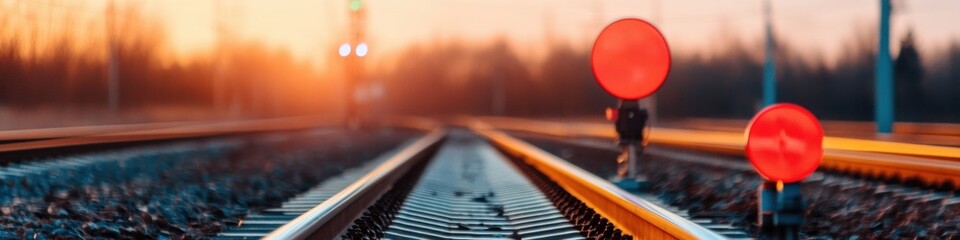 Poster - Sunlit Railway Infrastructure Aesthetic Steel Track Intersection with Vibrant Signals and Overhead Power - Modern Transport Connectivity for Urban Development and Logistics Efficiency
