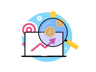 Poster - Analyzing financial growth with data insights, revenue trends, and digital marketing analytics. Magnifying glass, rising graph, and coins symbolize business success, investment and profit optimization