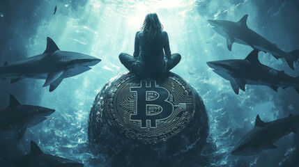 Poster - Bitcoin money, finance concept, vector illustration, flat tiny business woman character sit at huge crypto currency coin in ocean, shark swim around