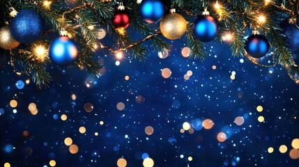 Wall Mural - Blue Christmas: Ornamented Tree with Bokeh Lights and Glittering Fir Branches. Abstract Defocused Background with 3D Rendering Elements.