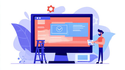 Poster - Service for computer maintenance, website page, vector illustration, flat tiny man character support technology screen with error, landing banner