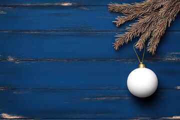 Wall Mural - Festive Christmas ornament with fir branches and snow on rustic blue wooden plank background